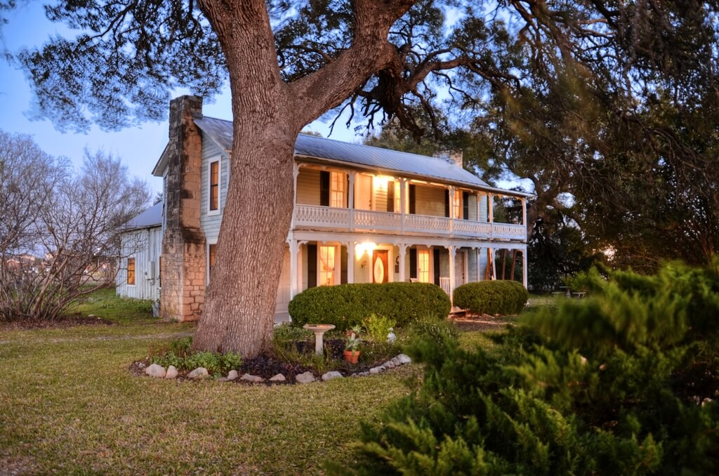 A.S. Mason House illuminated at night